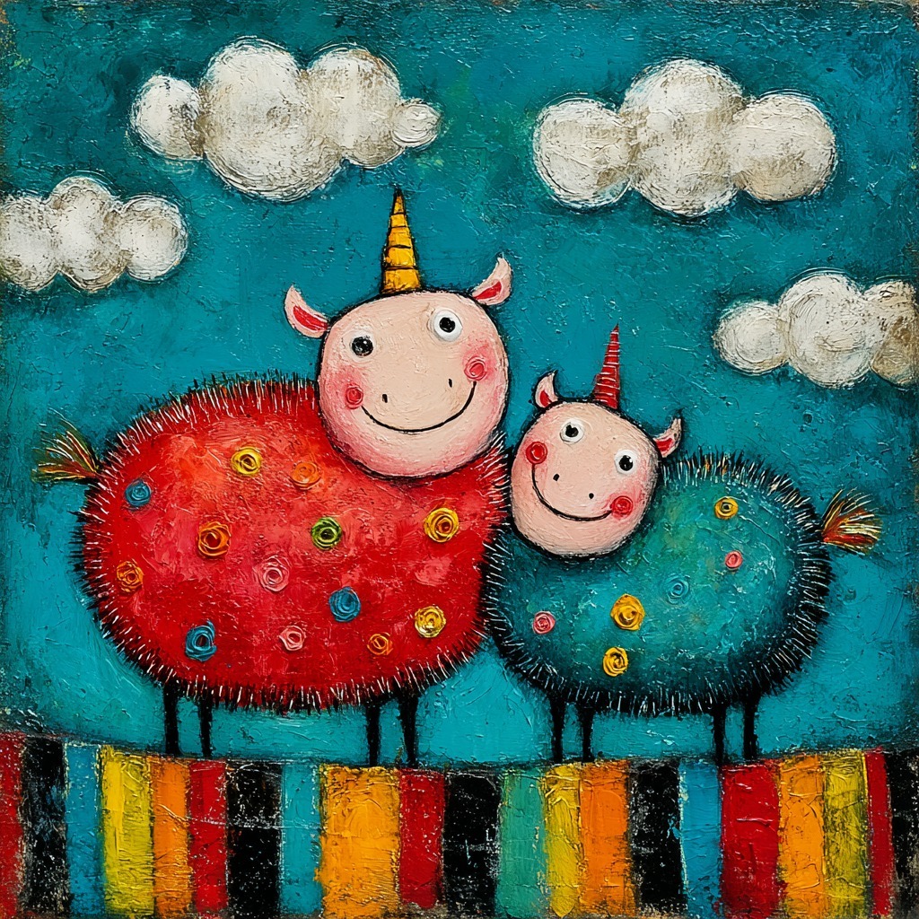 Whimsical painting of two colorful pigs under white clouds on a striped ground