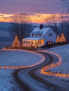 Snowy farmhouse at sunset with Christmas lights lining a winding driveway