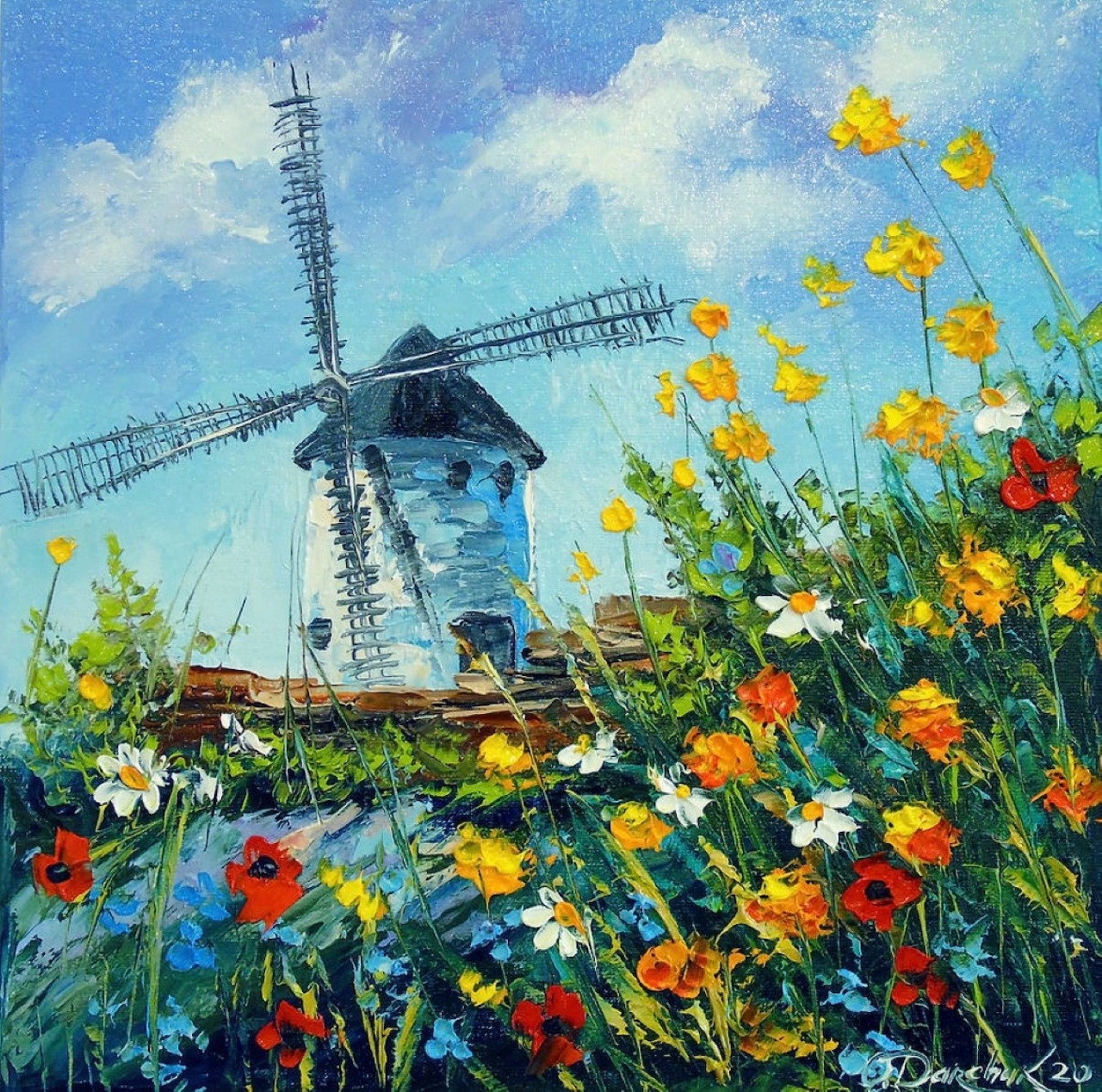 Impressionist oil painting showing a blue windmill among colorful wildflowers with cloudy sky