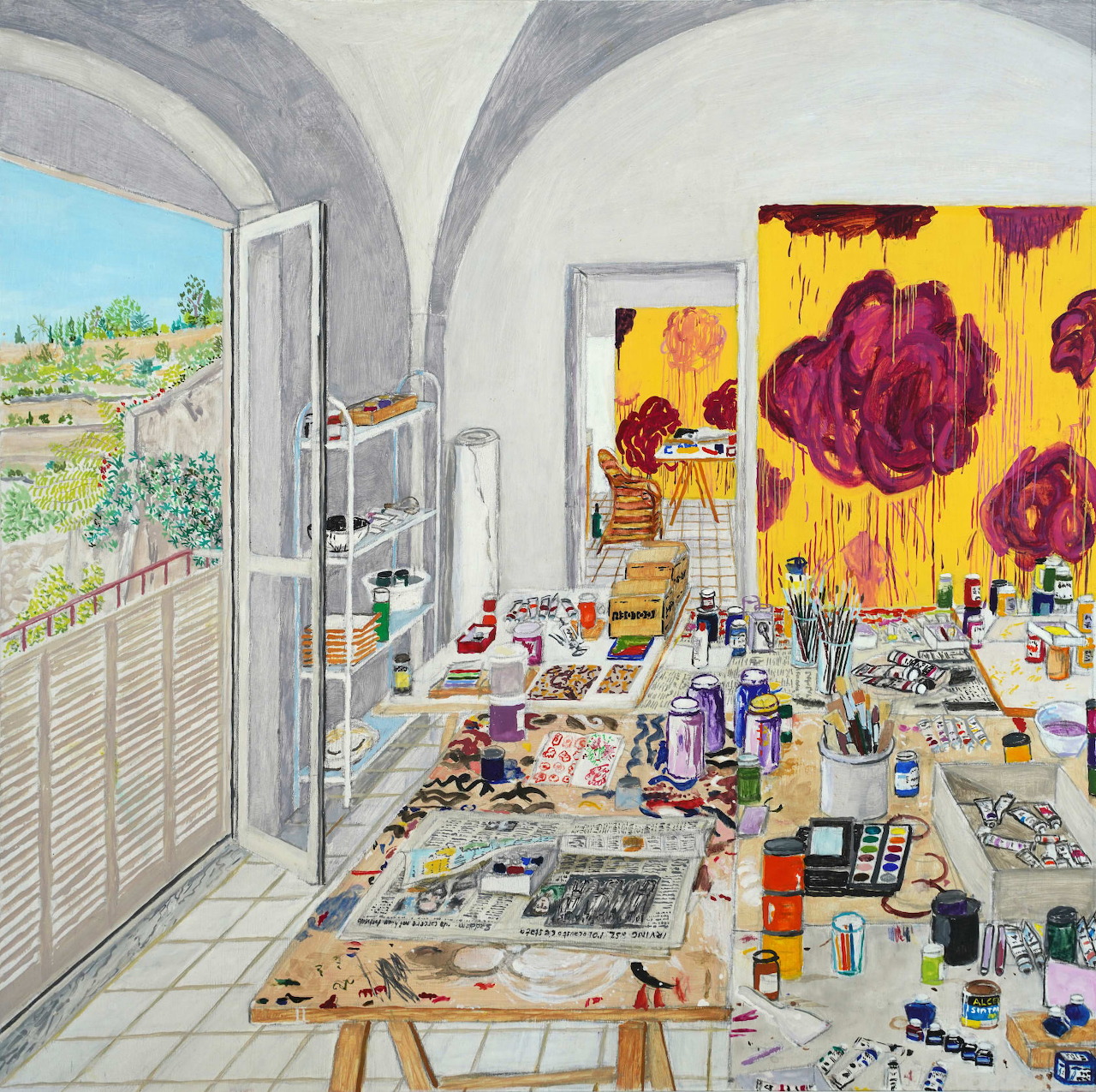 Sunlit artist studio with easels, paints, and vibrant paintings on walls