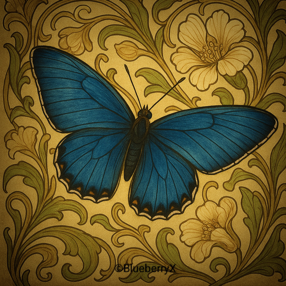 Blue butterfly centered on ornate golden floral background with decorative swirls