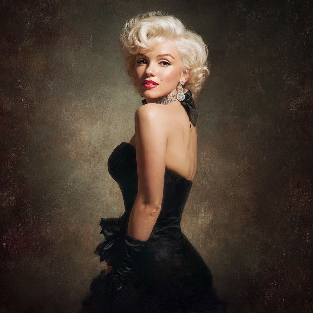 Marilyn Monroe in black dress with platinum blonde hair looking over shoulder