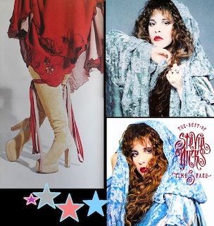 Collage of Stevie Nicks in bohemian outfits alongside the Timespace best-of album cover and star graphics.