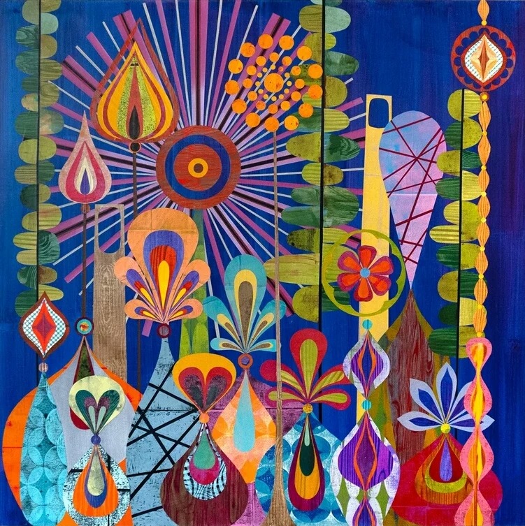 Colorful abstract art with geometric shapes, sunbursts, and ornamental patterns on blue background