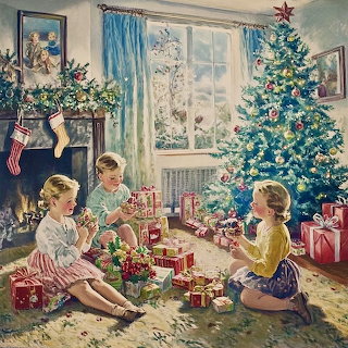 Vintage painting of children opening Christmas presents by a decorated tree in a cozy living room