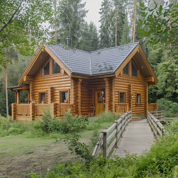 Log cabin with porch in a forest clearing surrounded by pine trees and green lawn