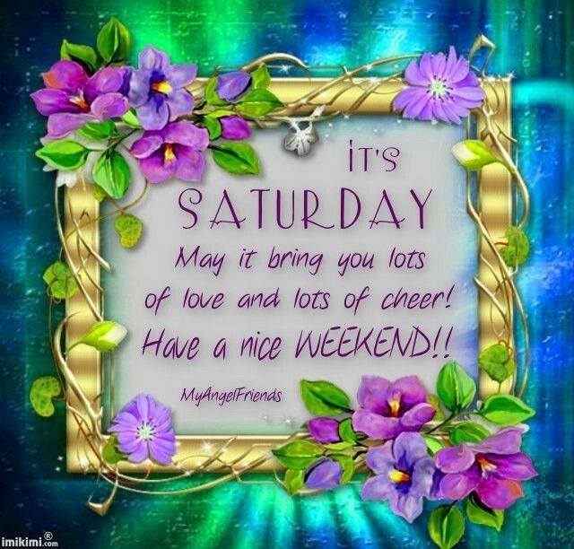 Framed Saturday greeting with purple flowers and green leaves on a glowing blue background