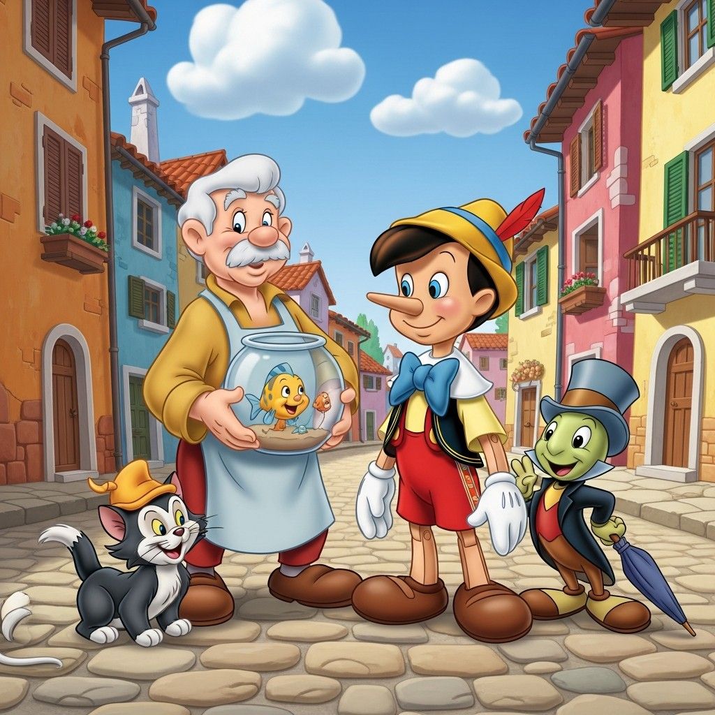 Pinocchio standing with elderly Geppetto holding goldfish bowl, black cat and cricket in village square