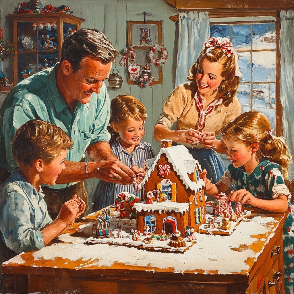 Vintage painting of a family with children decorating a gingerbread house at a kitchen table during Christmas