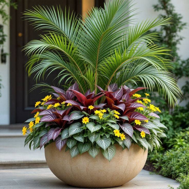 Round planter with palm leaves, purple foliage, and yellow flowers on a porch