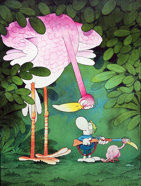 Cartoon pink flamingo peeking behind green leaves with small character below
