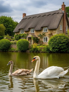 Thatched cottage beside pond with two white swans swimming in foreground