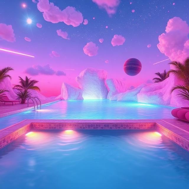 Neon swimming pool under a pink and purple vaporwave sky with palm trees and surreal planets