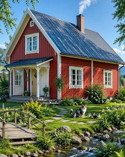 Red Scandinavian cottage with garden, pond, stone path, and white cats on lawn
