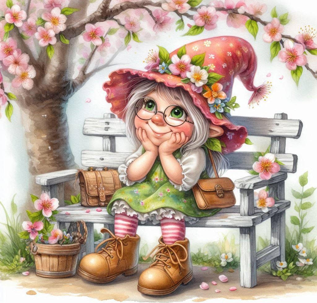 Spring Gnome on Garden Bench