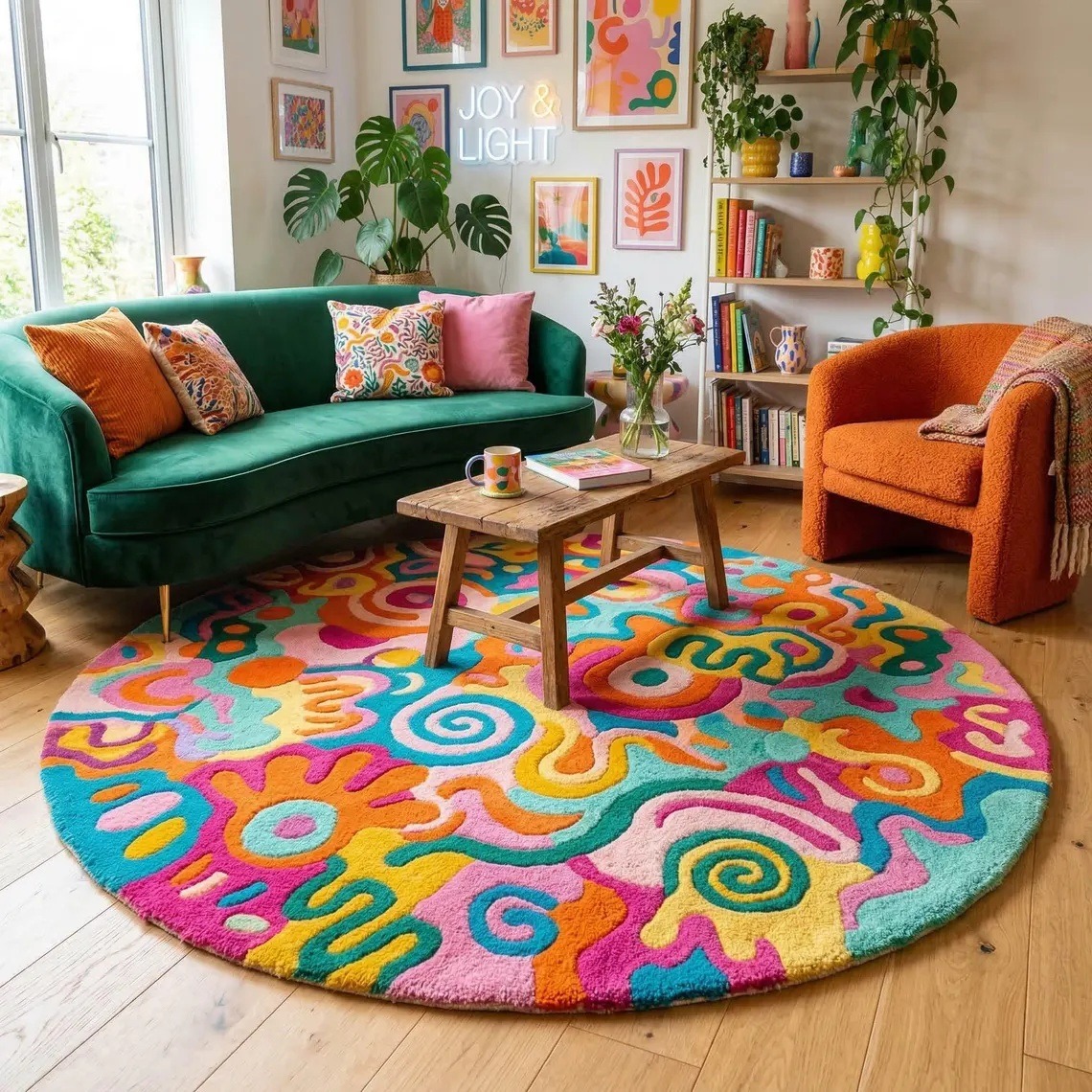 Colorful living room with green sofa, orange armchair, coffee table, plants, and bright round rug
