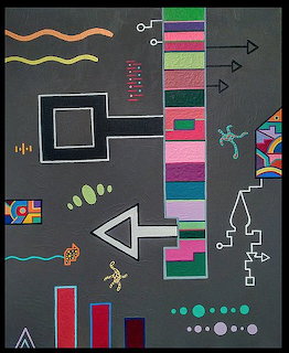 Abstract artwork with colorful geometric shapes, wavy lines, rectangles, and small decorative elements on dark gray background