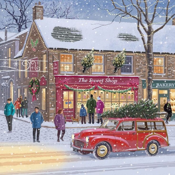 Illustrated snowy village street with a red vintage car, Christmas tree, and The Sweet Shop storefront