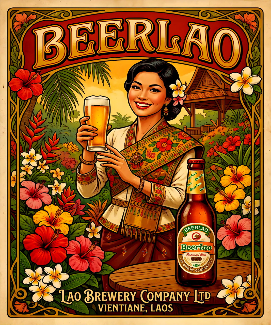 Vintage Beerlao poster with a smiling woman holding a beer glass beside flowers and a beer bottle