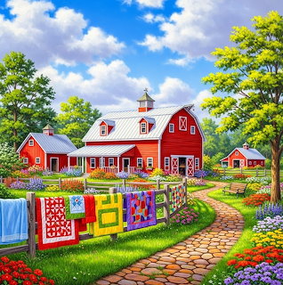 Colorful quilts on a fence beside a red barn and farmhouse in a flower-filled country farm scene