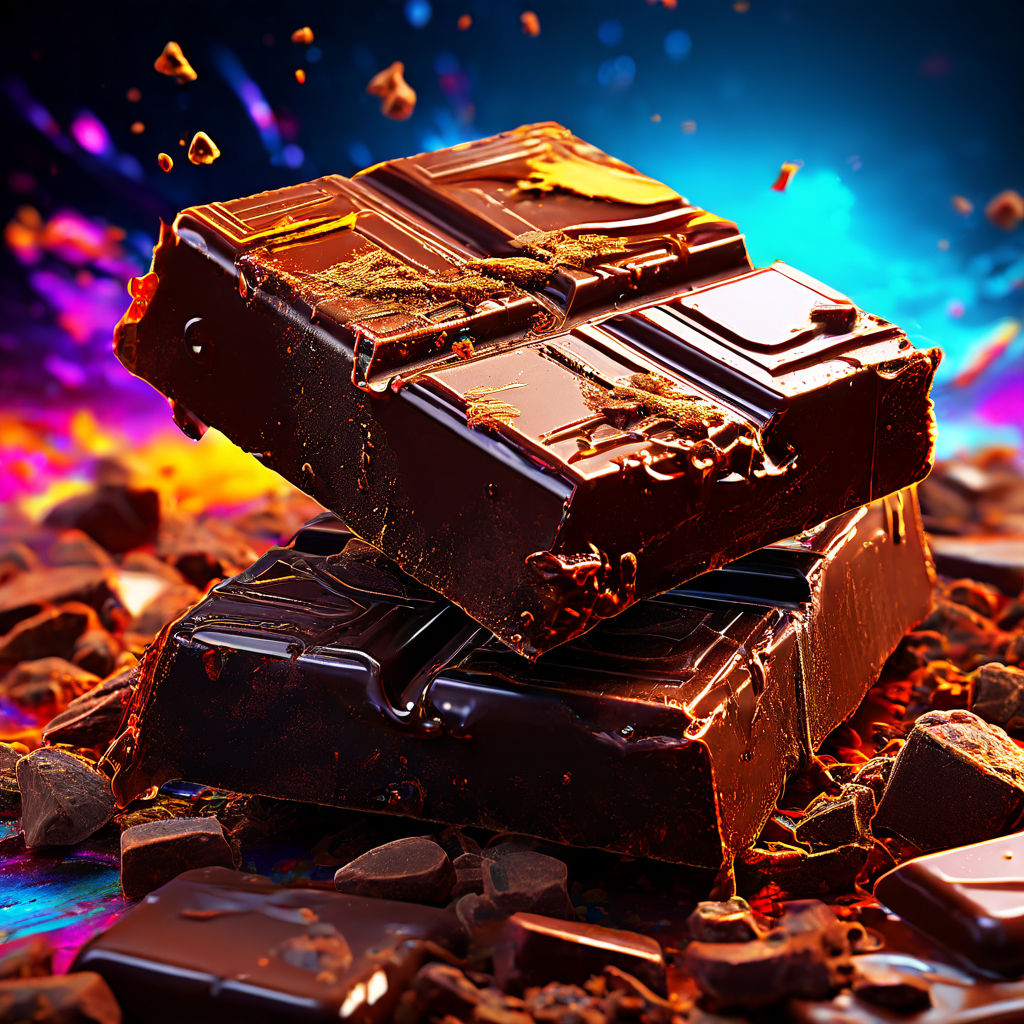 Close-up of stacked dark chocolate bars with crumbs on a colorful glowing background