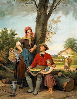 Oil painting of peasant family with basket resting under tree in countryside