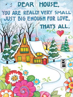 Colorful illustrated winter cottage with snow, trees, and bright flowers with a poem about a small house