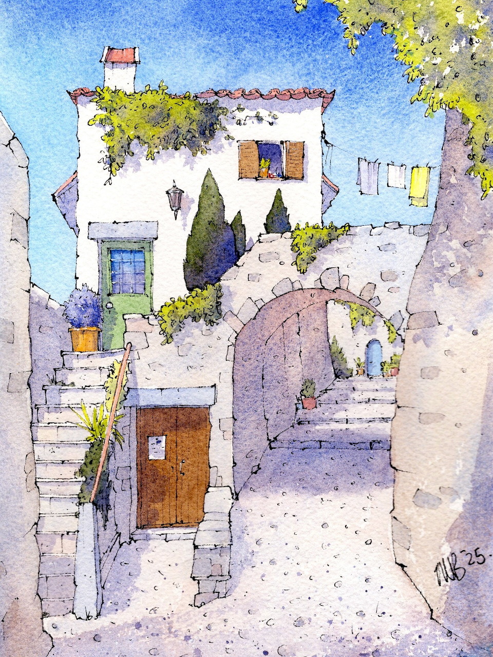 Watercolor painting of narrow Italian village street with white buildings, wooden door, and hanging laundry