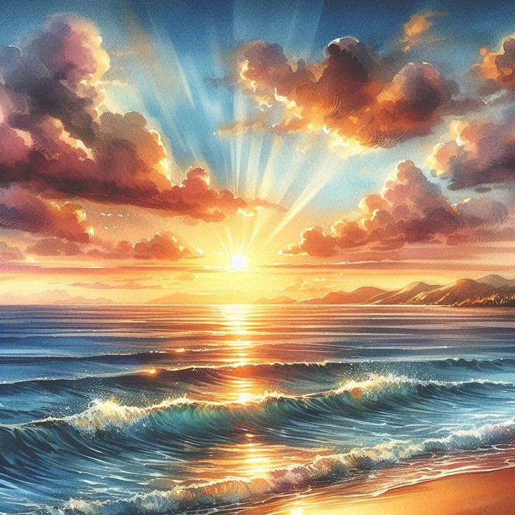 Digital painting of a colorful sunset over the ocean with dramatic clouds, sun rays, waves, and a sandy beach