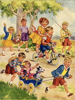 Vintage illustration of children playing with bicycles, tricycles, and wagons under a tree
