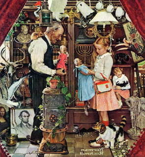 Norman Rockwell painting of antique shop interior with children, adults, and whimsical hidden details