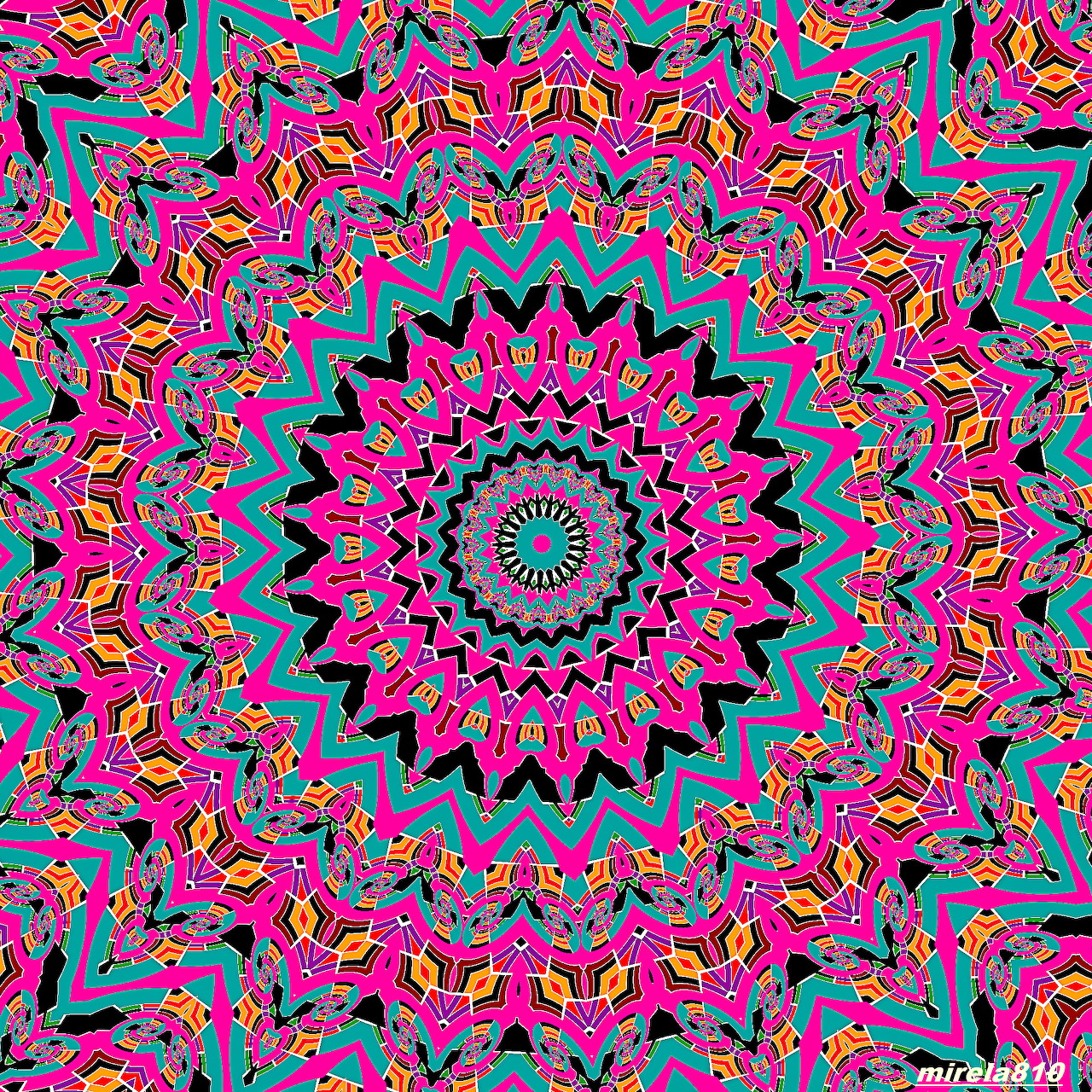 Colorful symmetrical mandala with pink lotus center and intricate geometric patterns in turquoise, yellow and purple