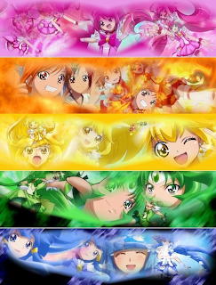 Five Smile PreCure anime magical girls displayed in colorful horizontal banner rows