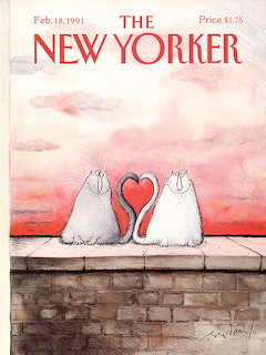Vintage magazine cover illustration of two white cats on a ledge with tails forming a heart
