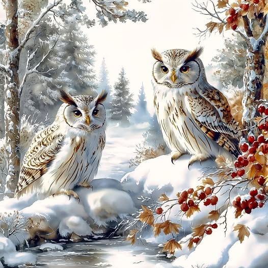 Two owls on snow-covered branches in winter forest with stream and red berries