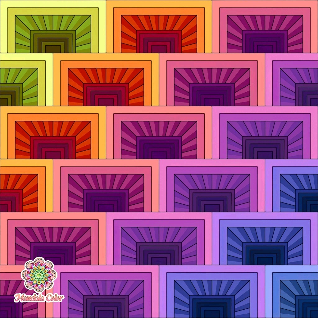 Grid of colorful rectangles with radiating sunburst patterns in rainbow gradient colors
