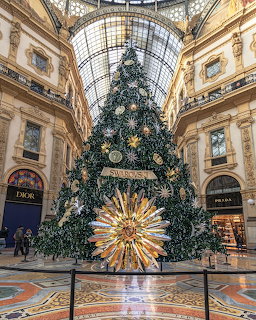 Large Christmas tree with gold star in elegant glass-roofed arcade