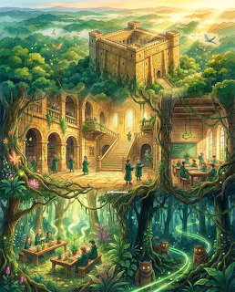 Fantasy castle with multiple levels built into jungle ruins, glowing interior chambers and lush tropical foliage