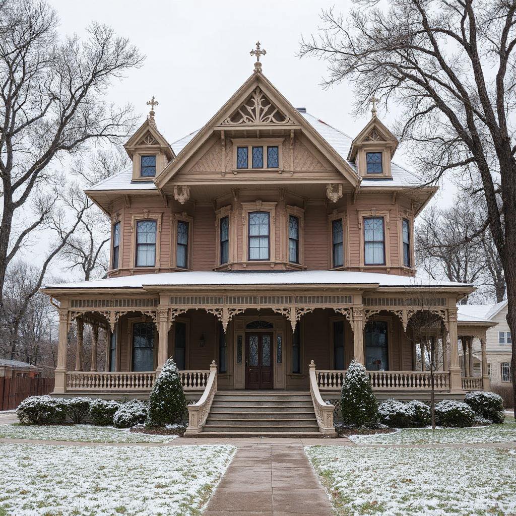 Brown Victorian mansion with ornate trim, wraparound porch, and snow-covered lawn in winter
