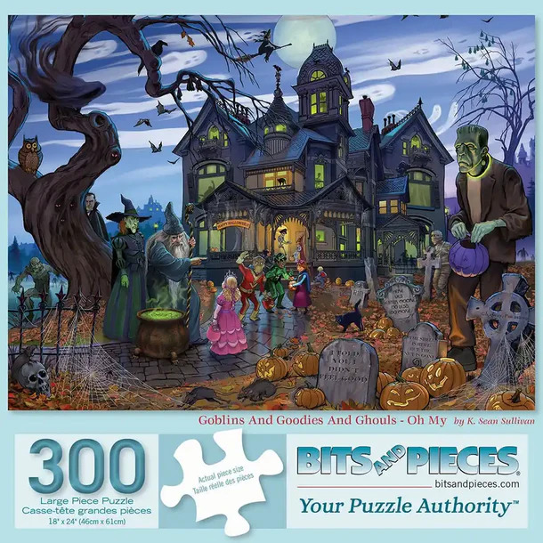A whimsical illustration of a haunted house on Halloween night with witches, Frankenstein, children trick-or-treating, and pumpkins in a graveyard.