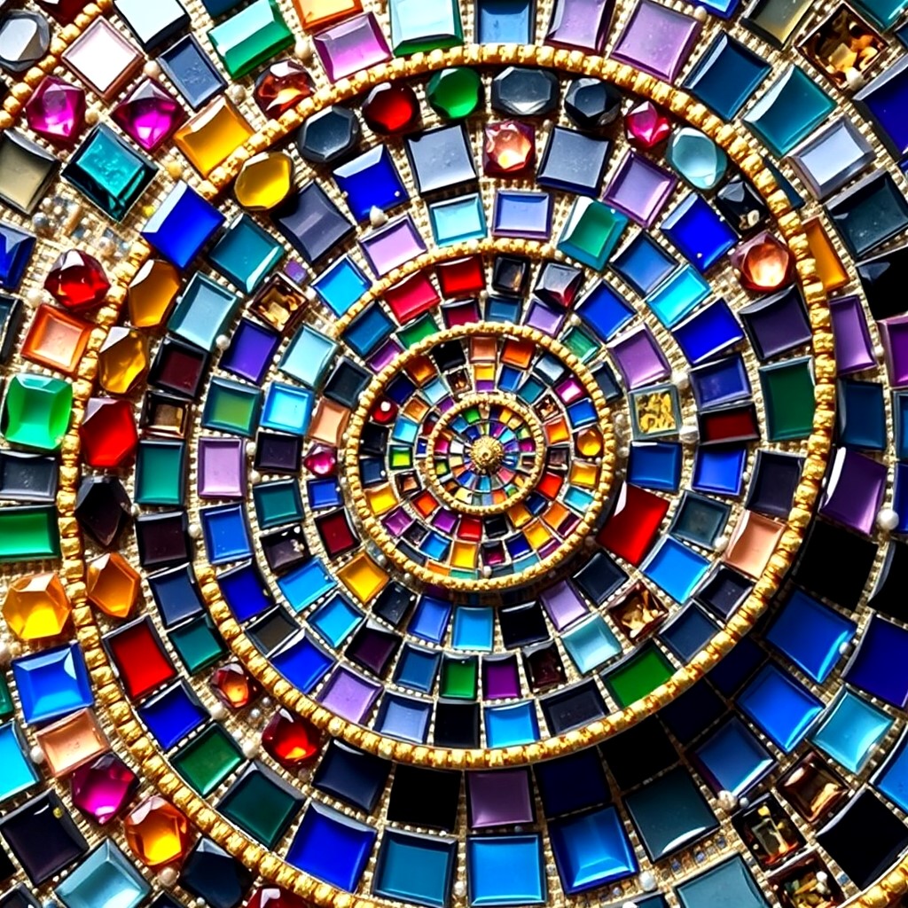 Colorful spiral mosaic with glass tiles and gems in concentric circular pattern with gold metallic borders