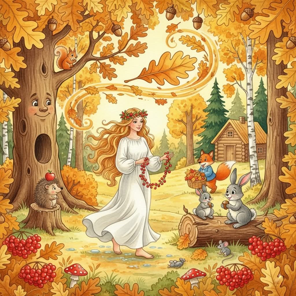 Illustrated autumn forest scene with woman in white dress, animals, golden leaves, and magical woodland setting