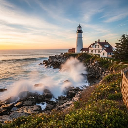 White lighthouse on a rocky coast with crashing waves and a sunrise sky