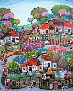Folk art village scene with colorful patterned houses, trees, and people in naive style illustration