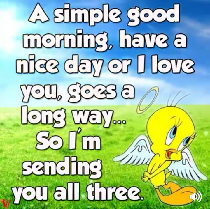 Cartoon Tweety Bird with angel wings on green grass with good morning quote text overlay