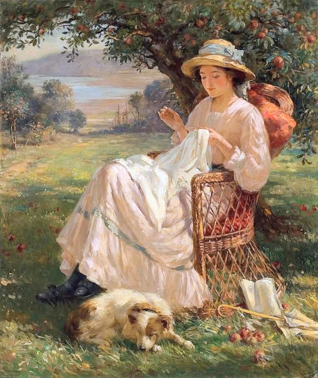 Young woman in white dress sewing under an apple tree with a dog lying nearby, painted by William Kay Blacklock