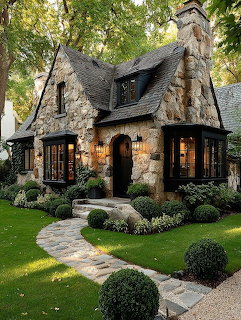 Stone cottage with dark roof, wooden door, glowing windows, garden path, and sculpted bushes on lawn