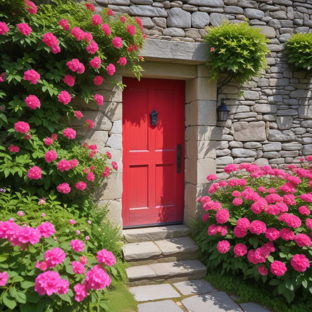 Stone Cottage Red Door Pink Flowers