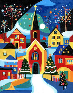 Folk art Christmas village with colorful houses, church, snow, trees, and night sky
