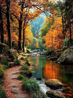 Peaceful stream flowing through a colorful autumn forest with orange and gold trees and a dirt path